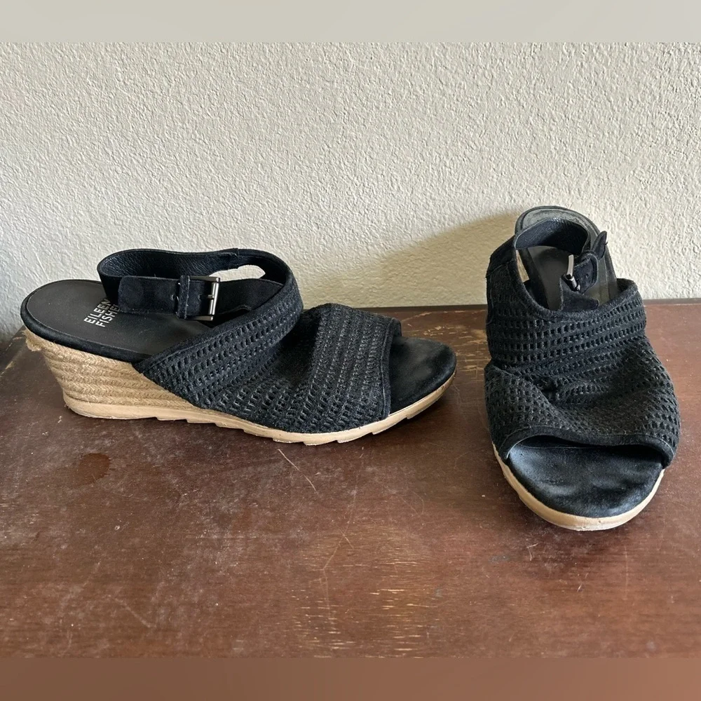 Eileen Fisher Women's Aura Slingback Espadrille Wedge Black Leather Twine Sz 9.5